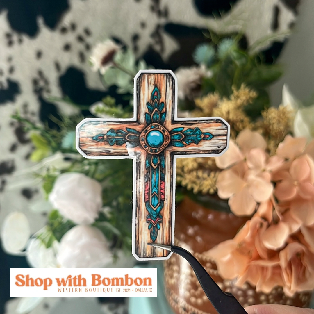 Wood Feather Cross Sticker