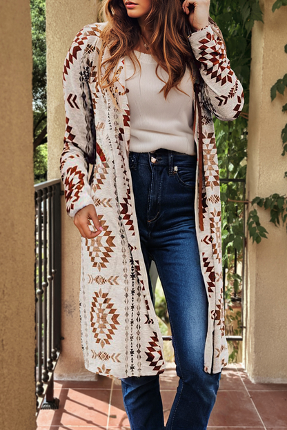 Western Aztec Printed Open Front Long Cardigan