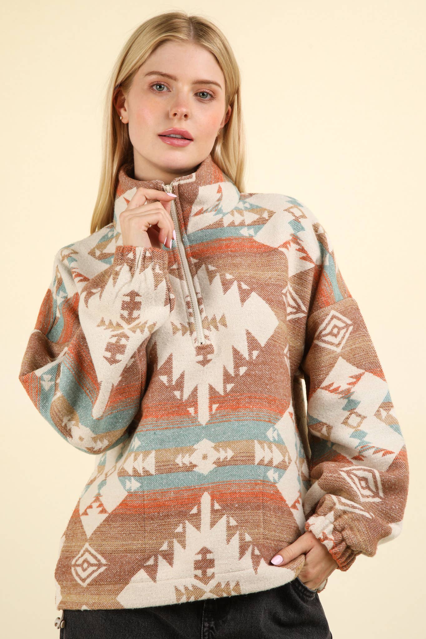 Plus Aztec Printed Henley Woven Pullover Top