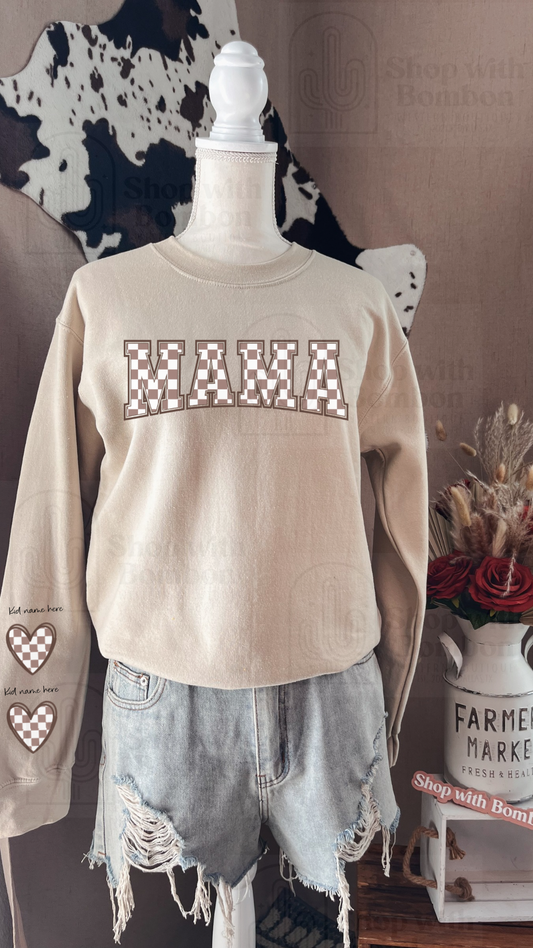 Brown Checkered Mama Crew Neck