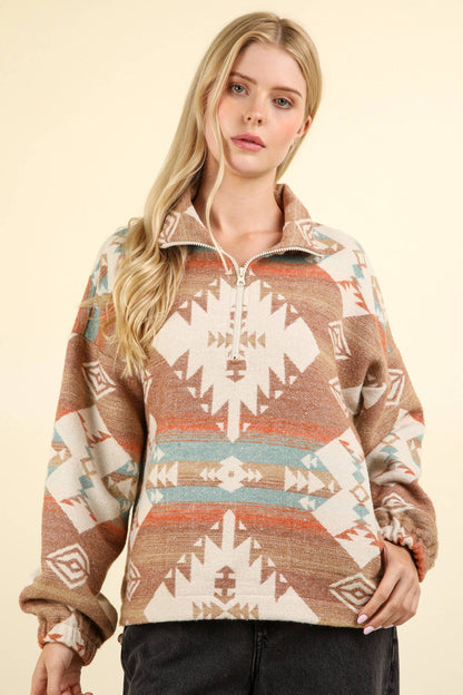 Plus Aztec Printed Henley Woven Pullover Top