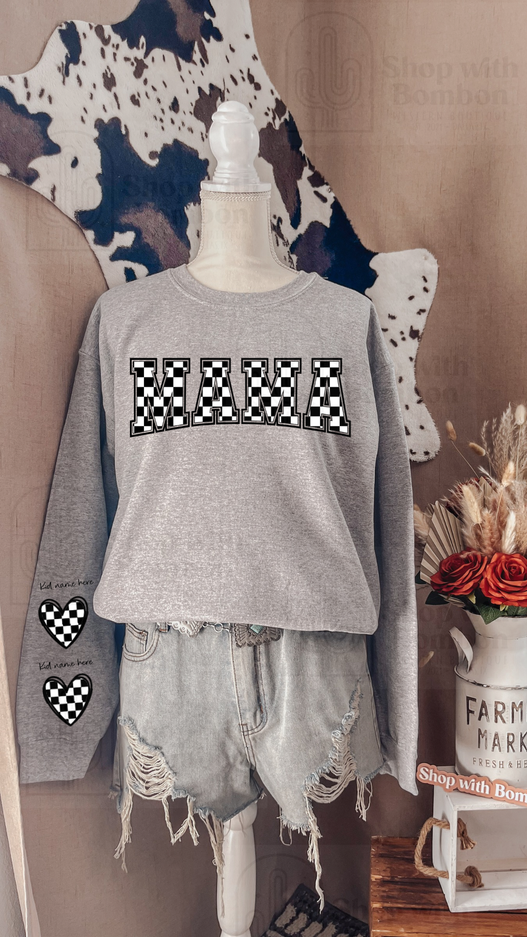 Black Checkered Mama Crew Neck