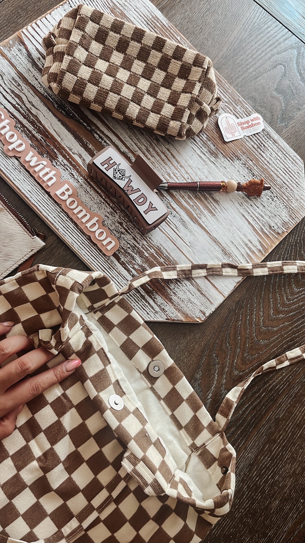 Brown checkered tote bag