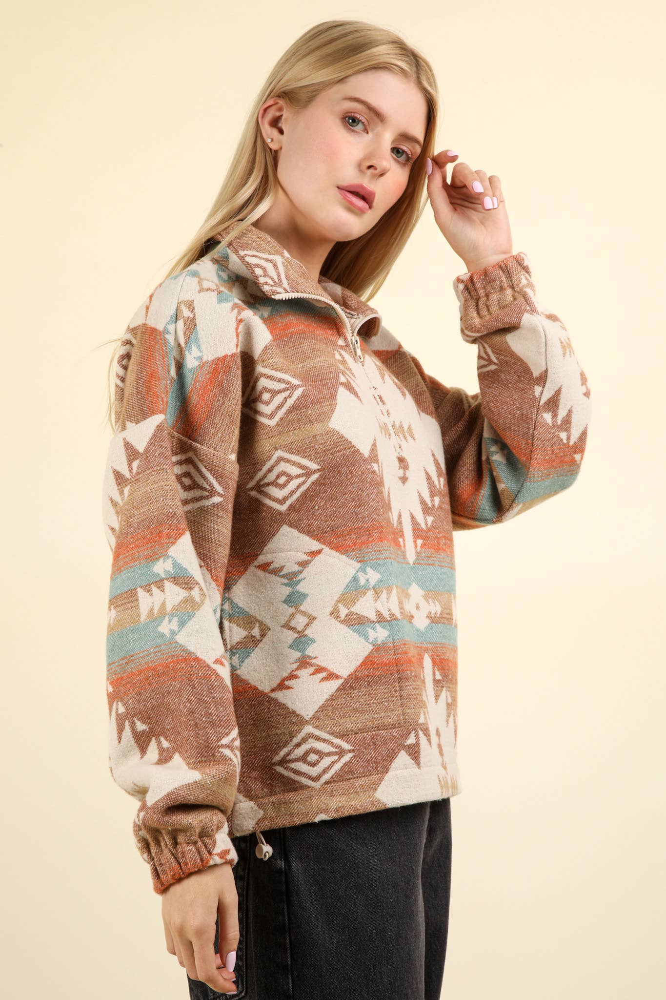 Plus Aztec Printed Henley Woven Pullover Top