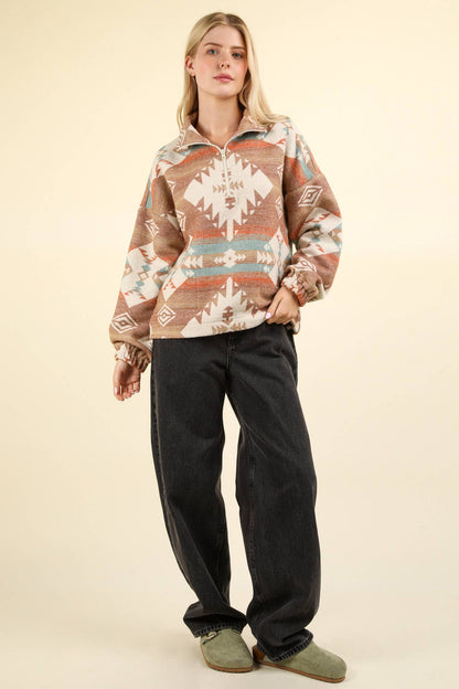 Plus Aztec Printed Henley Woven Pullover Top