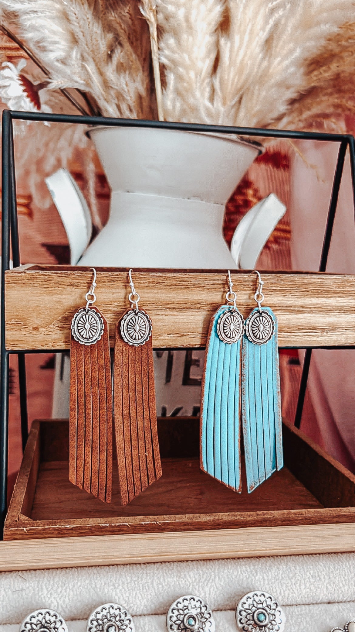 Silver concho and leather fringe earrings