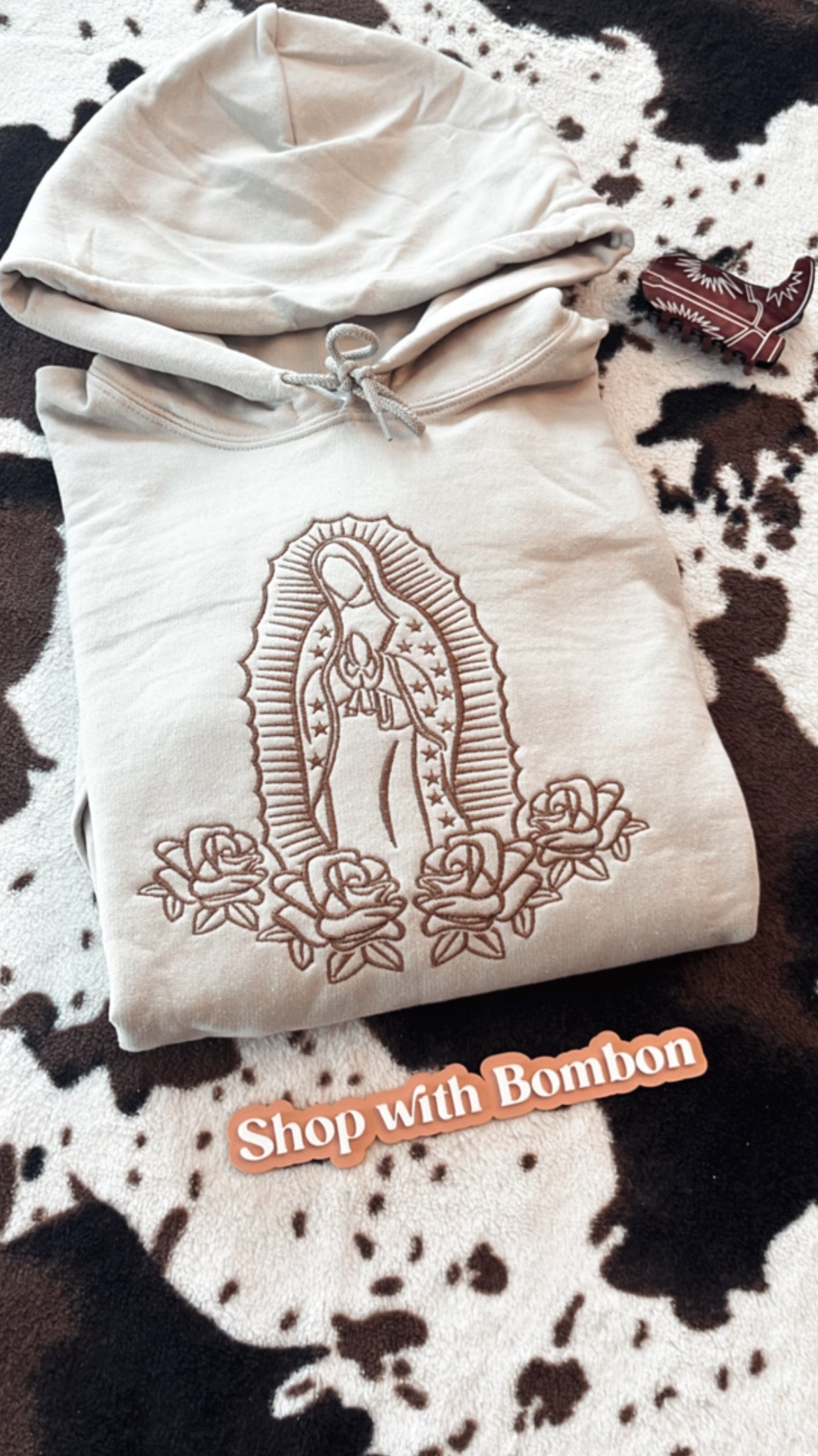 Virgen María de Guadalupe Hoodie Brown Embroidered in Sand