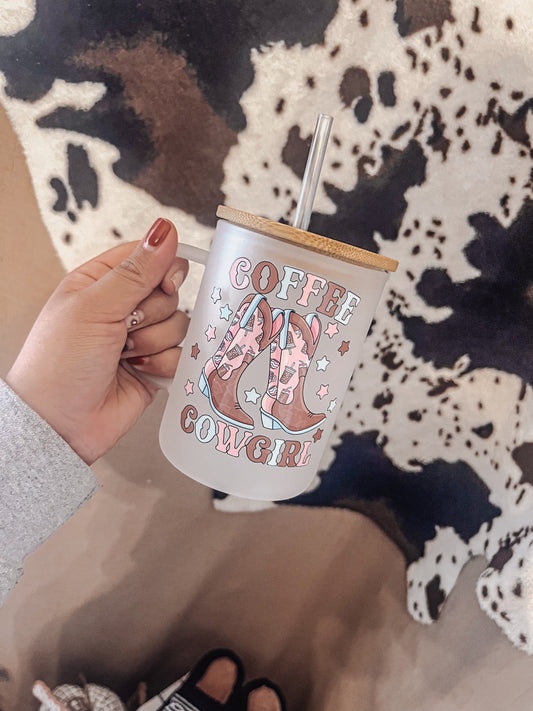 Coffee Cowgirl Glass mug with lid