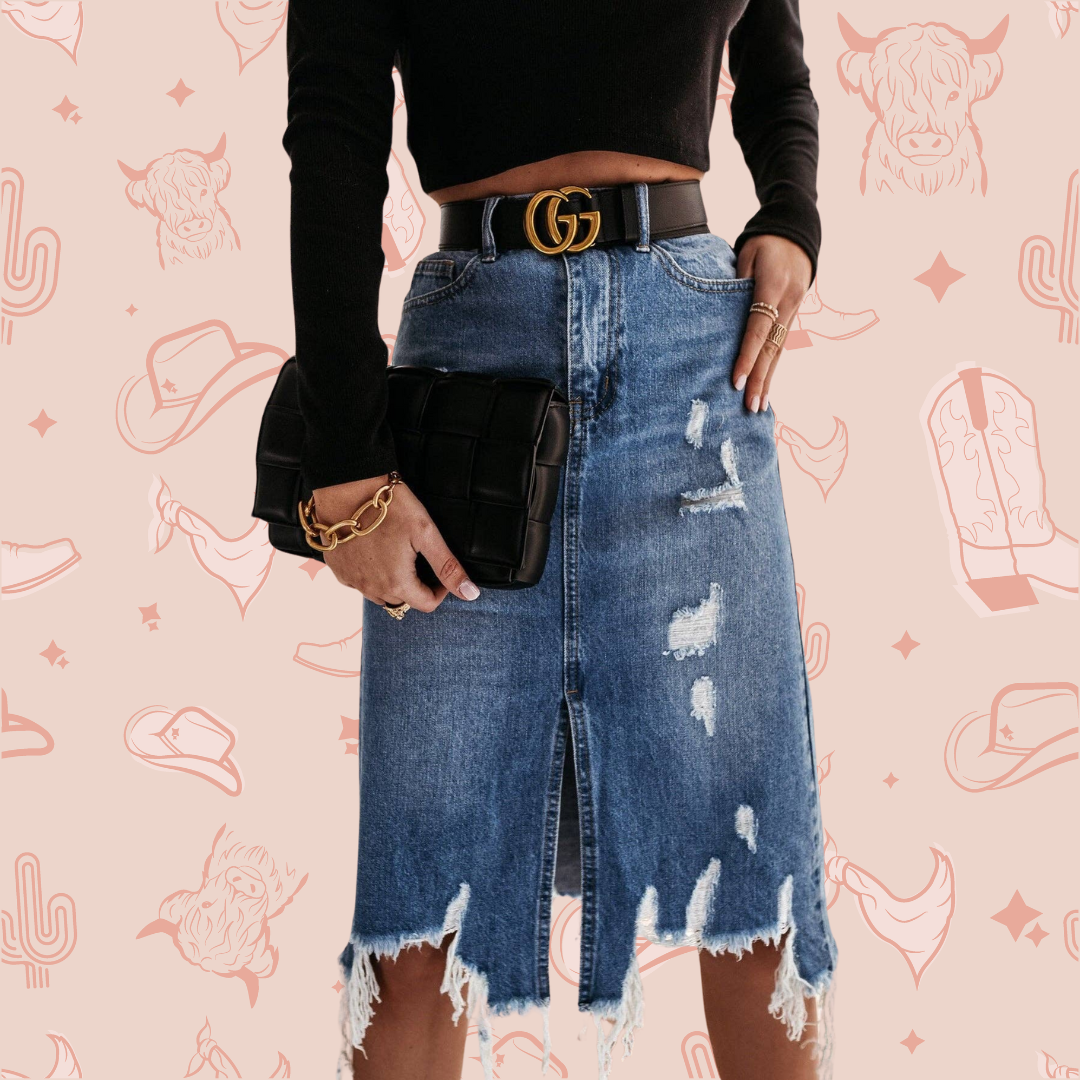 High Waist Distressed Split Daily Denim Midi Skirt