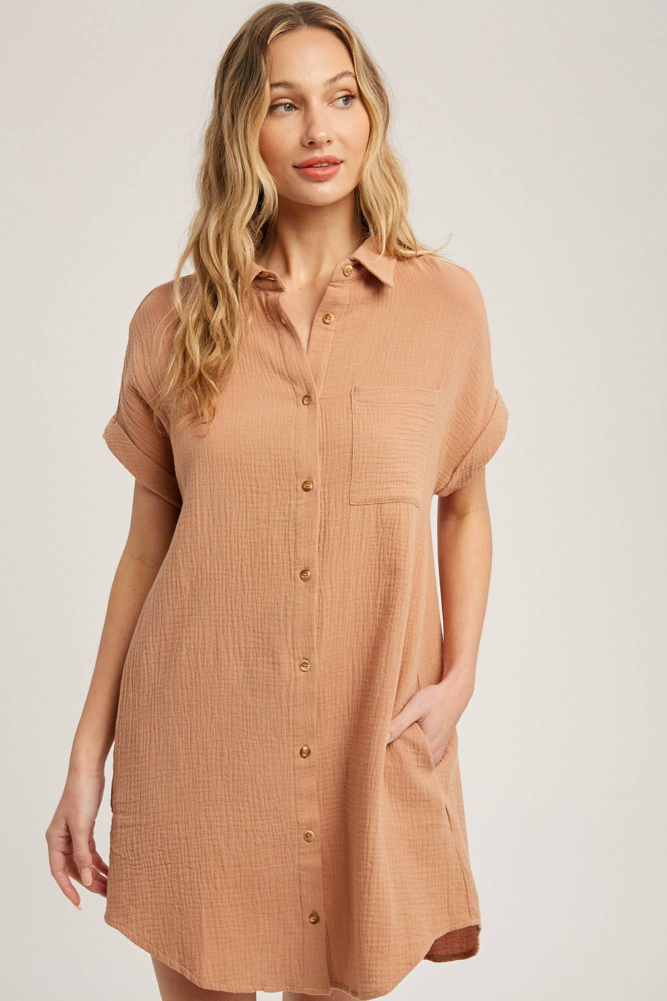 BUTTON UP SHIRT DRESS WITH POCKET