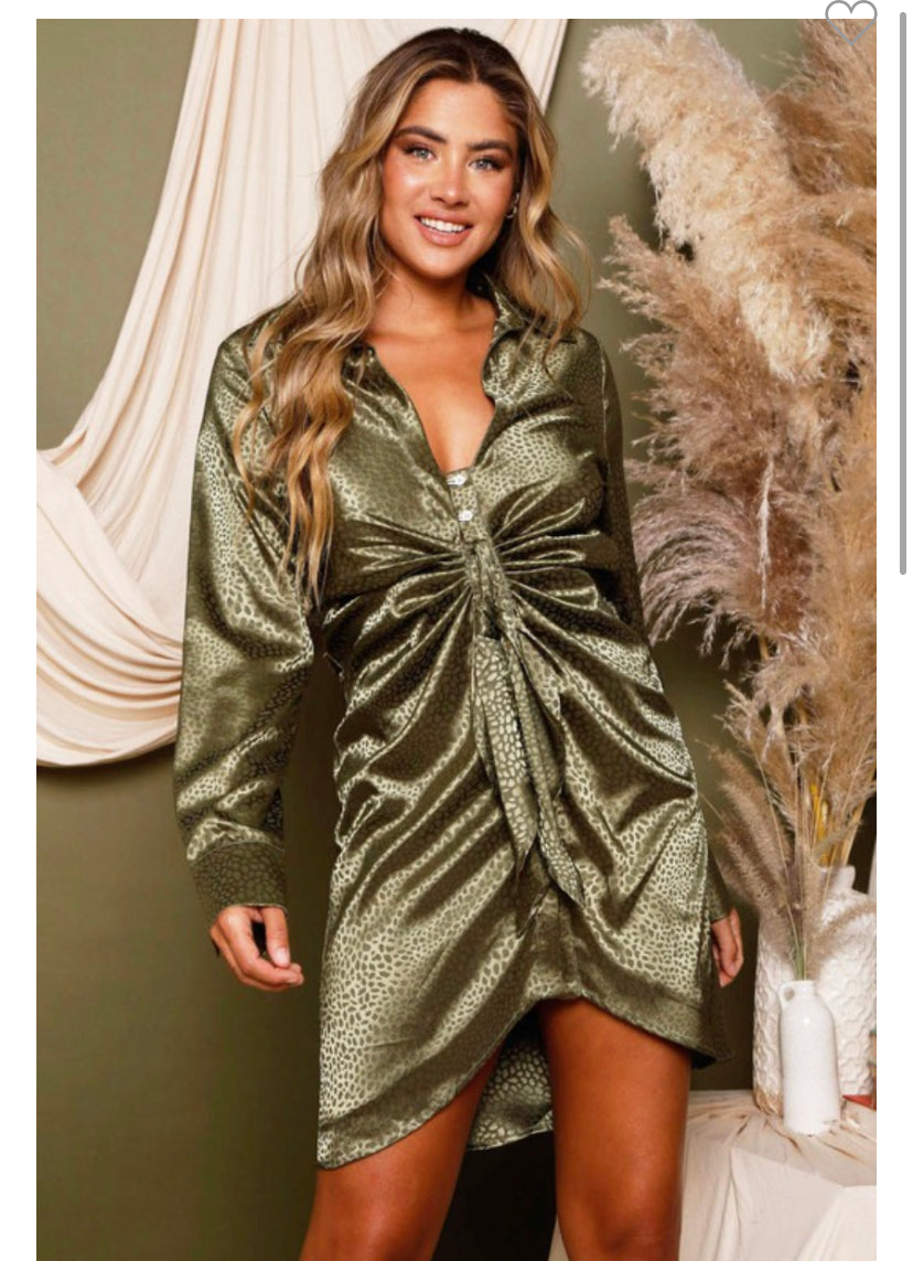 Green Leopard print button shirt dress